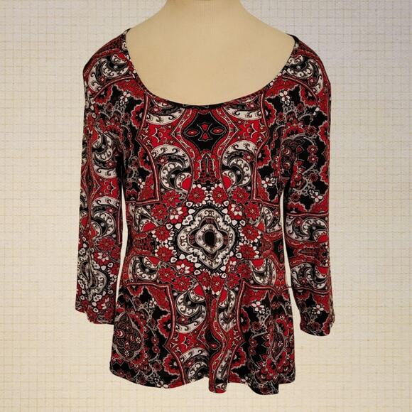Geometric Print Stretch Knit 3/4 Sleeve Blouse Peck & Peck Size Large - Picture 1 of 7